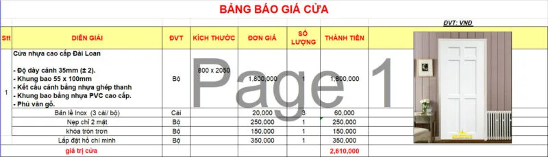 bảng báo giá cửa nhựa đài loan tại quận 9